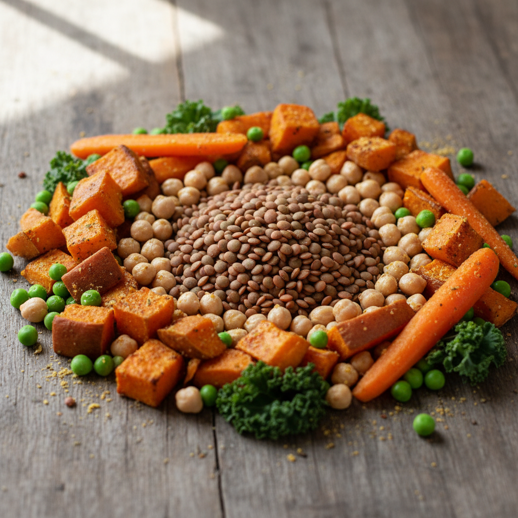 Vegane Hundefutter Zutaten: Linsen, Kichererbsen, Süßkartoffeln