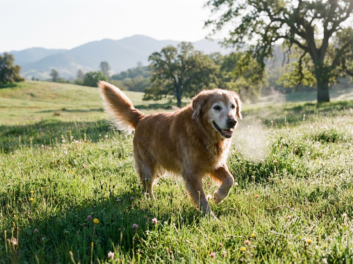 Vitaler Senior-Hund rennt über eine Wiese dank Longevity-Optimierung