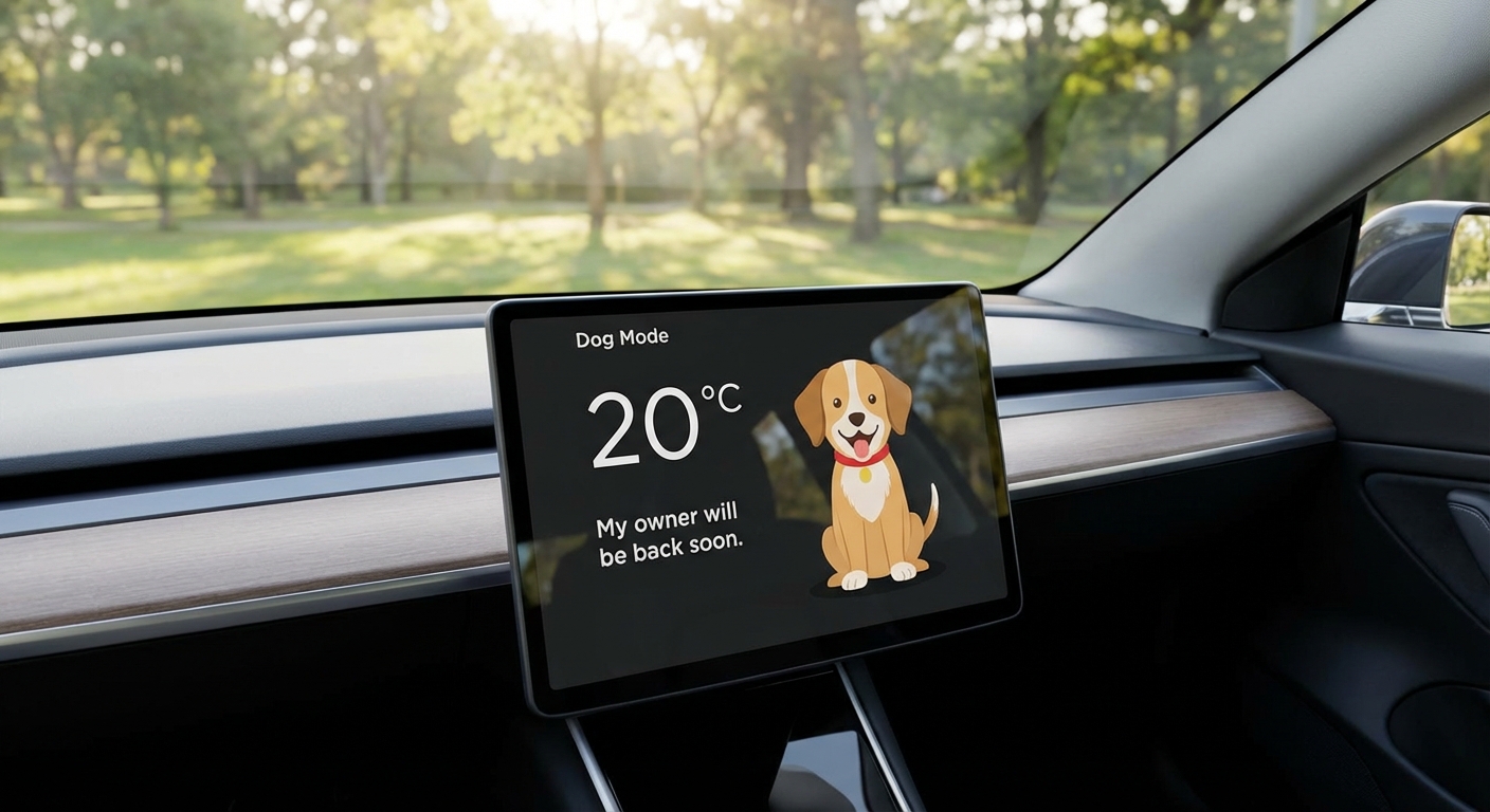 Tesla Dog Mode Anzeige auf dem Infotainment-Bildschirm im Auto