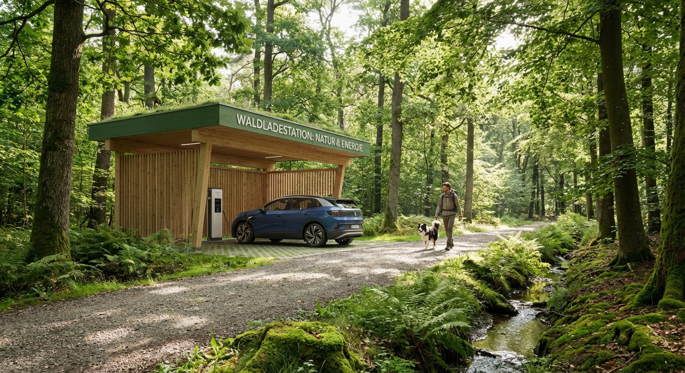 E-Auto Ladestation im Grünen mit Hundebesitzer beim Gassigehen