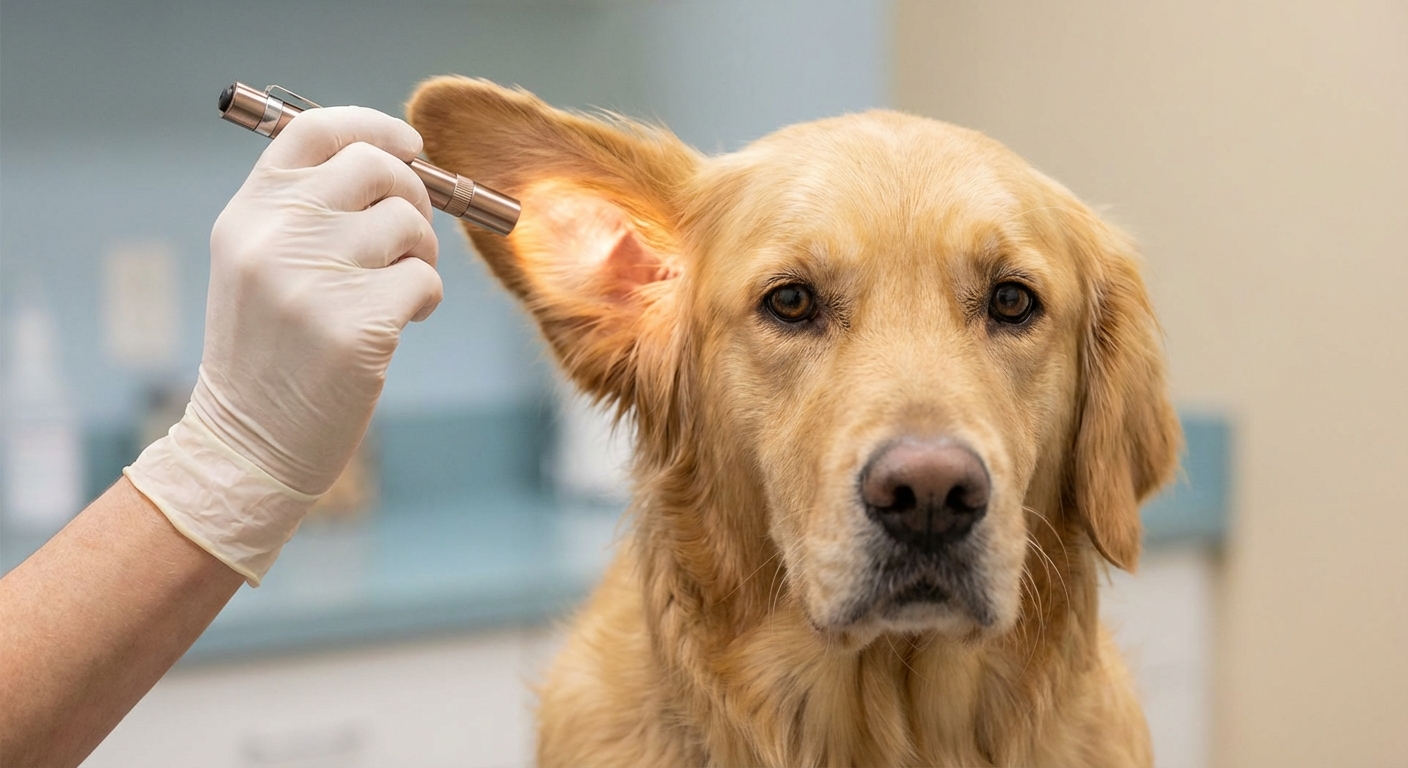 Nahaufnahme einer Untersuchung der Hundeohren als Teil des Medical Trainings zur Gewöhnung an den Tierarzt.