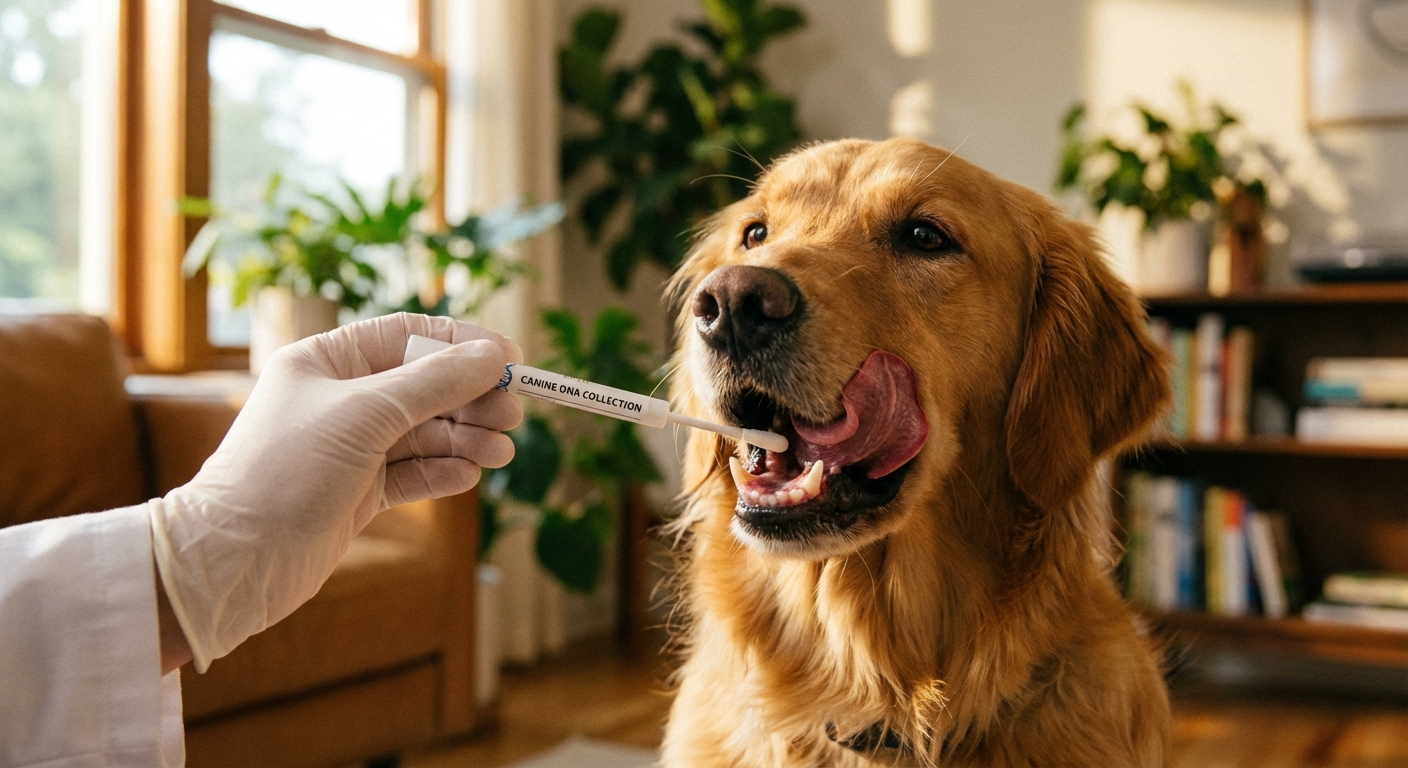 Nahaufnahme einer DNA-Probenentnahme bei einem Hund mit einem Teststäbchen.