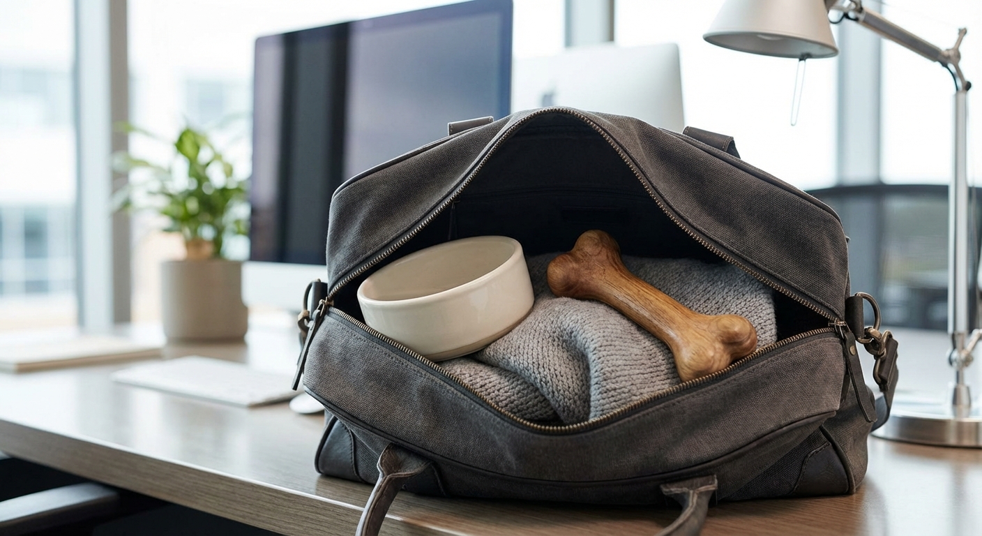 Zubehör für den Bürohund: Eine Tasche mit Napf, Decke und Spielzeug in einer Büroumgebung.