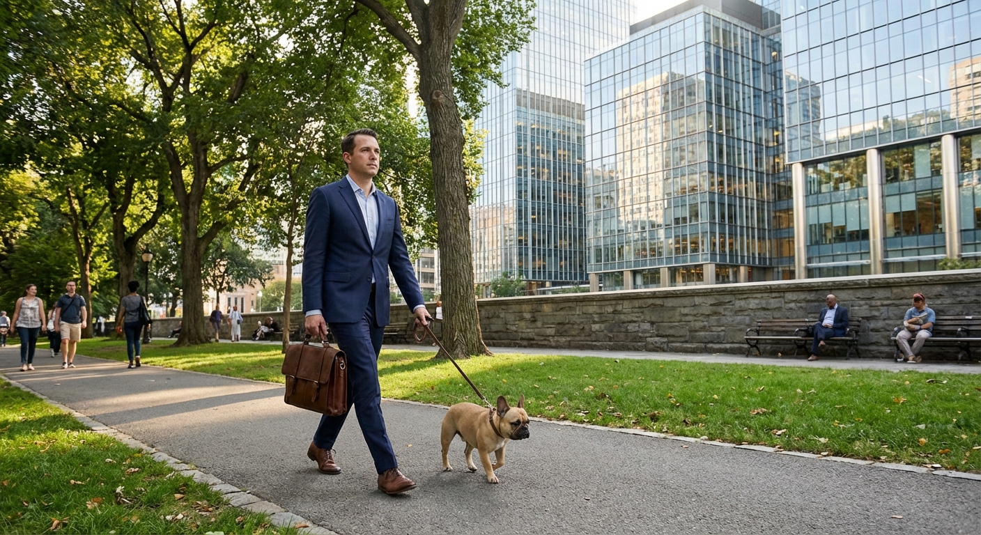 Ein Mann geht während einer Arbeitspause mit seinem Hund in einem Stadtpark nahe dem Büro spazieren.