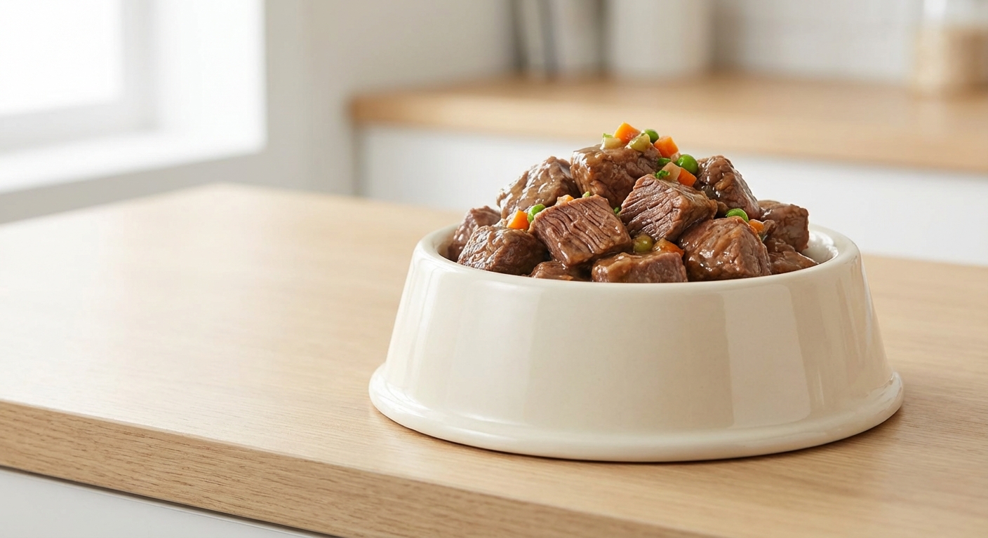 Detailaufnahme von saftigem Cultivated Meat Hundefutter in einem Napf.