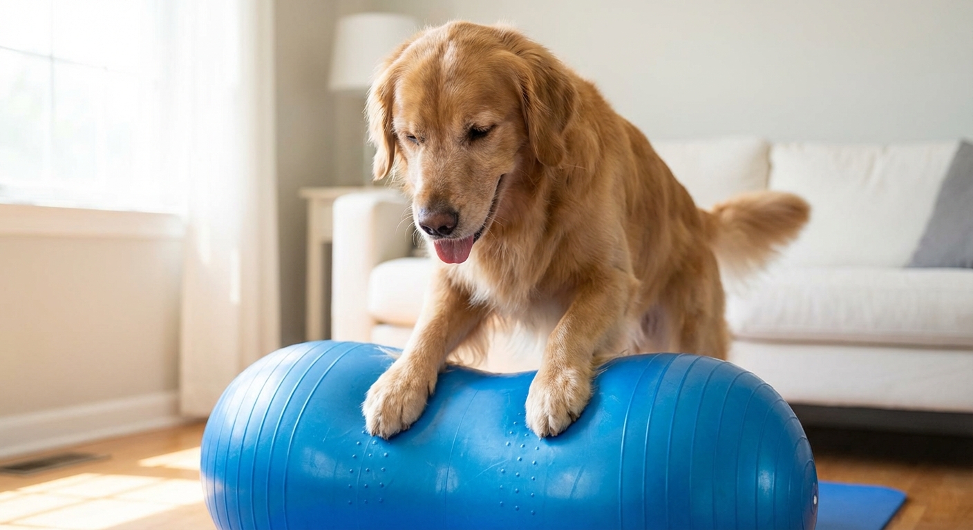 Hund macht Gleichgewichtsübungen auf einem blauen Balance-Kissen