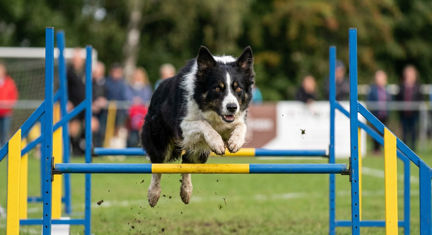 Ein sportlicher Hund beim Agility-Sprung, Thema Hundesport Qualzucht Verbot