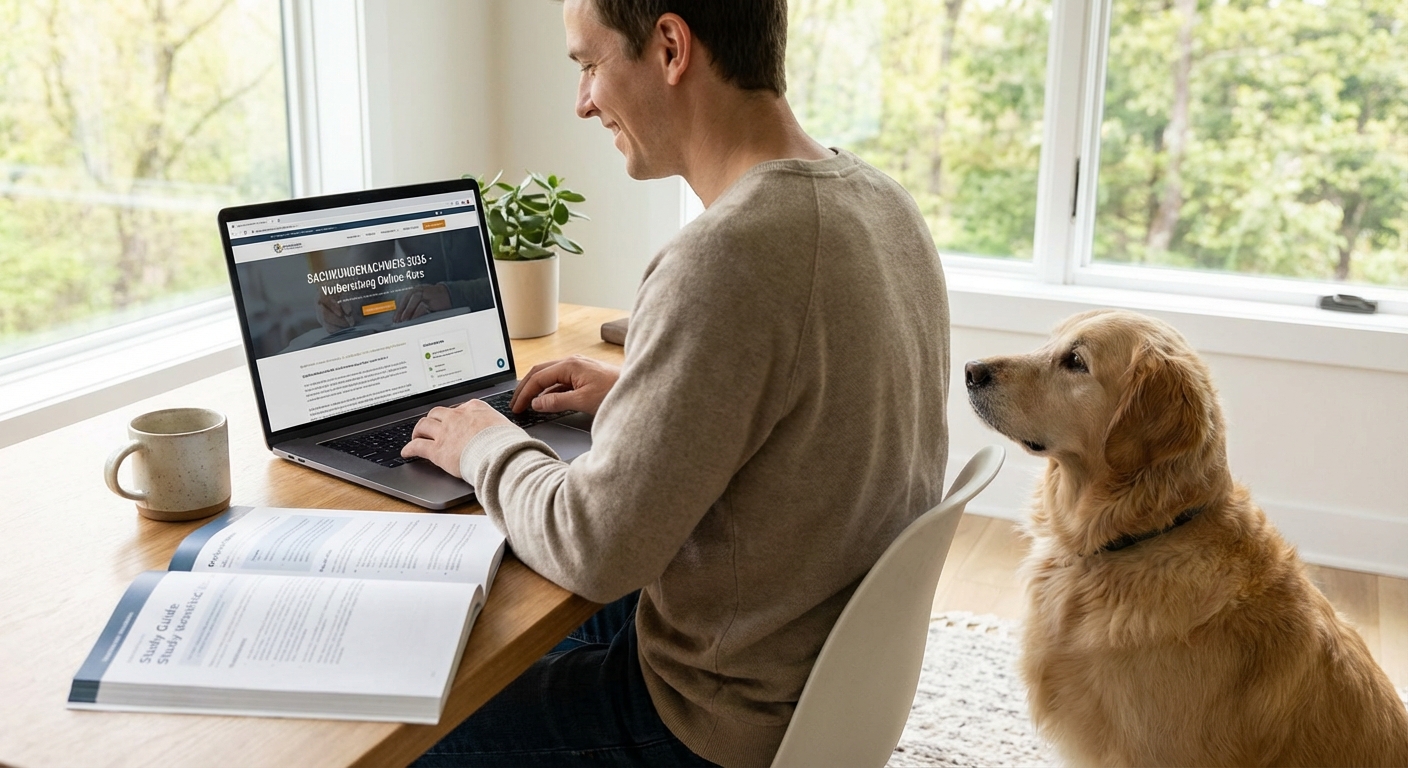 Hundehalter bereitet sich am Laptop auf den Sachkundenachweis Hund 2026 vor