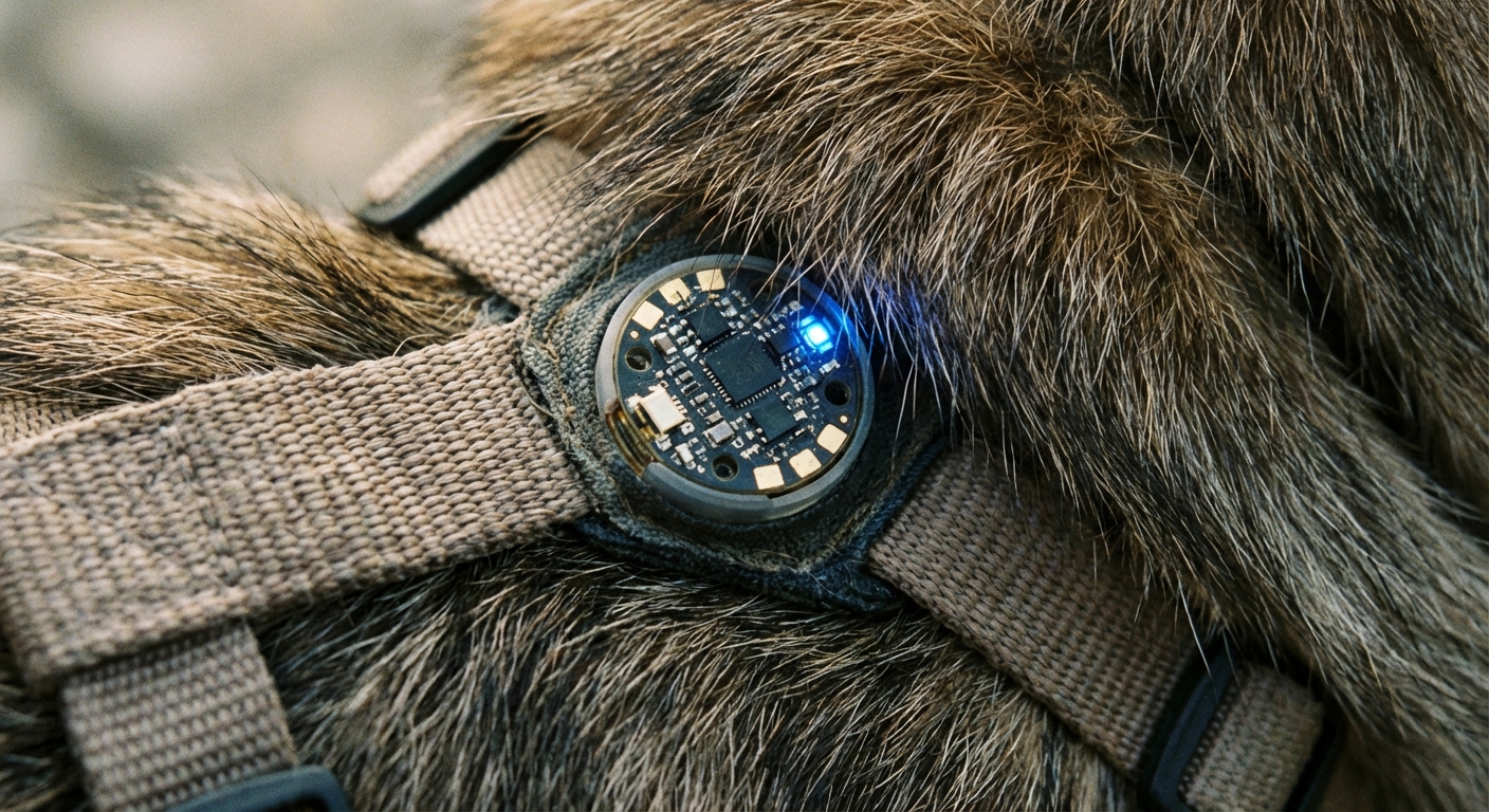 Nahaufnahme eines Herzfrequenz-Sensors an einem Hundegeschirr zur Überwachung der Hundegesundheit.