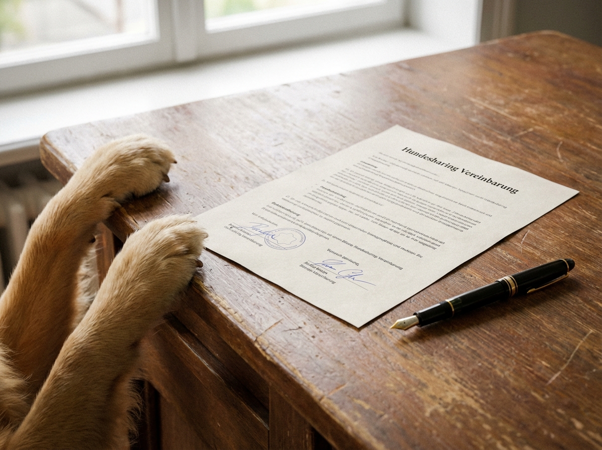 Dogsharing Vertrag Vorlage auf einem Schreibtisch mit Hundepfote
