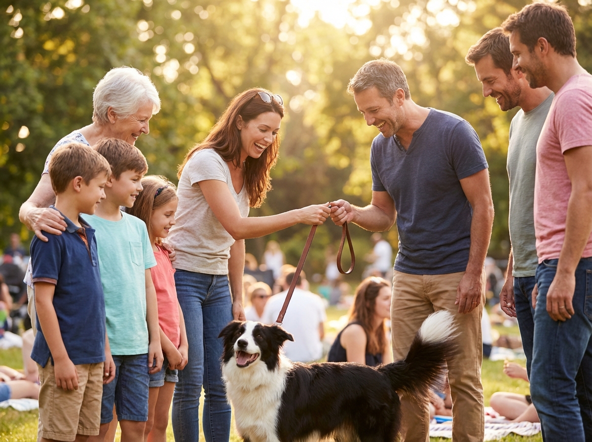 Glücklicher Hund bei der Übergabe zwischen zwei Co-Parenting Partnern im Park
