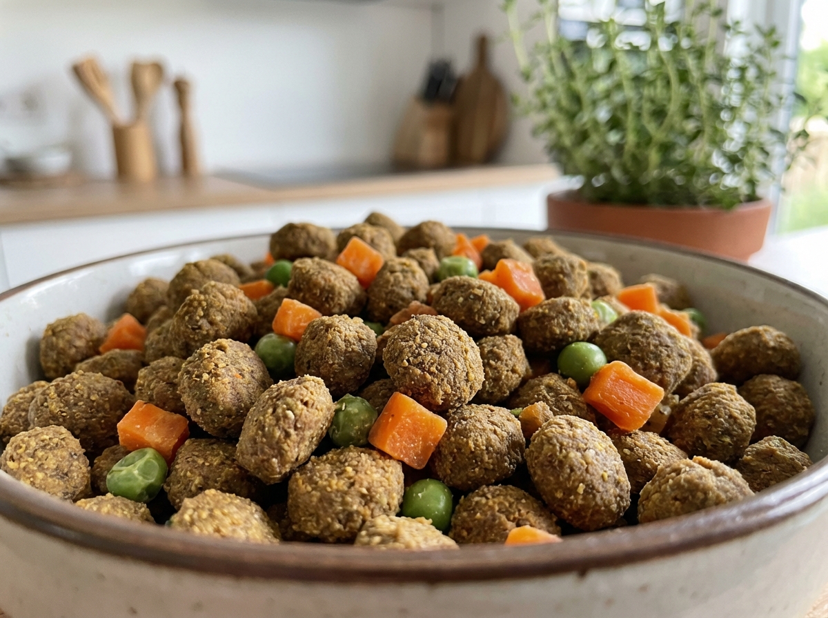 Nahaufnahme von hypoallergenem Hundefutter auf Insektenbasis mit Gemüse