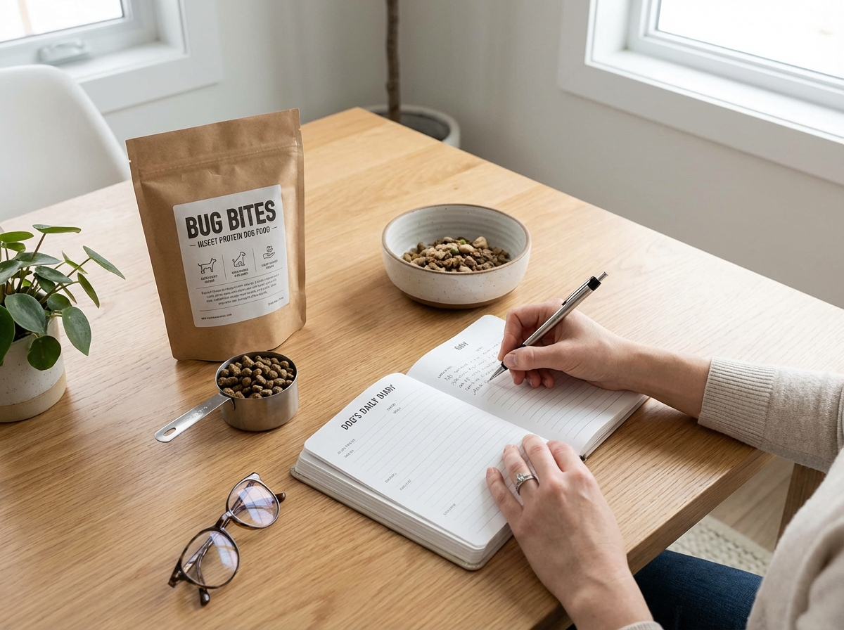 Hundebesitzer dokumentiert Ausschlussdiät mit Insektenprotein im Ernährungstagebuch