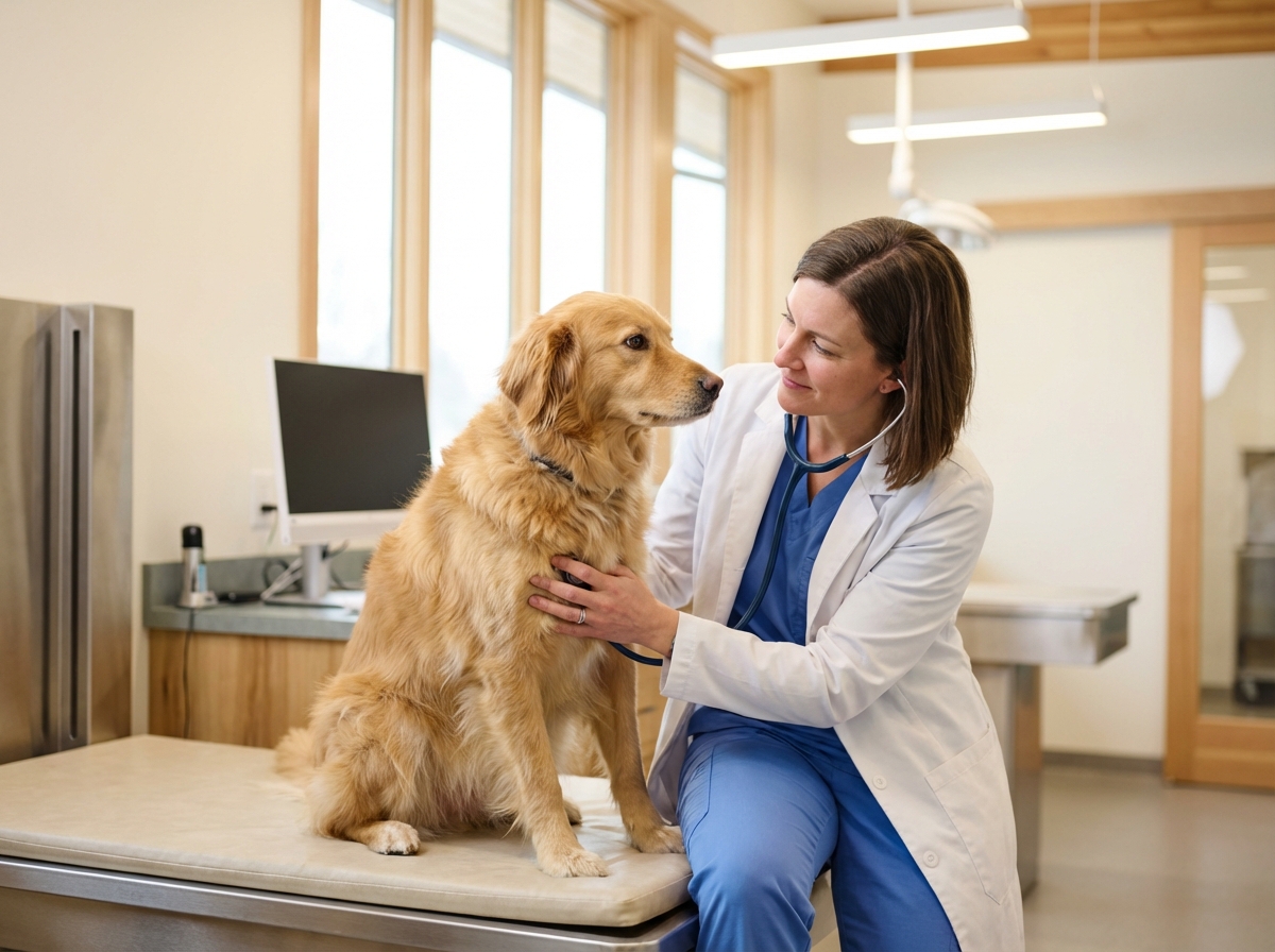 Tierarzt führt einen Gesundheitscheck bei einem 6 Jahre alten Hund durch.