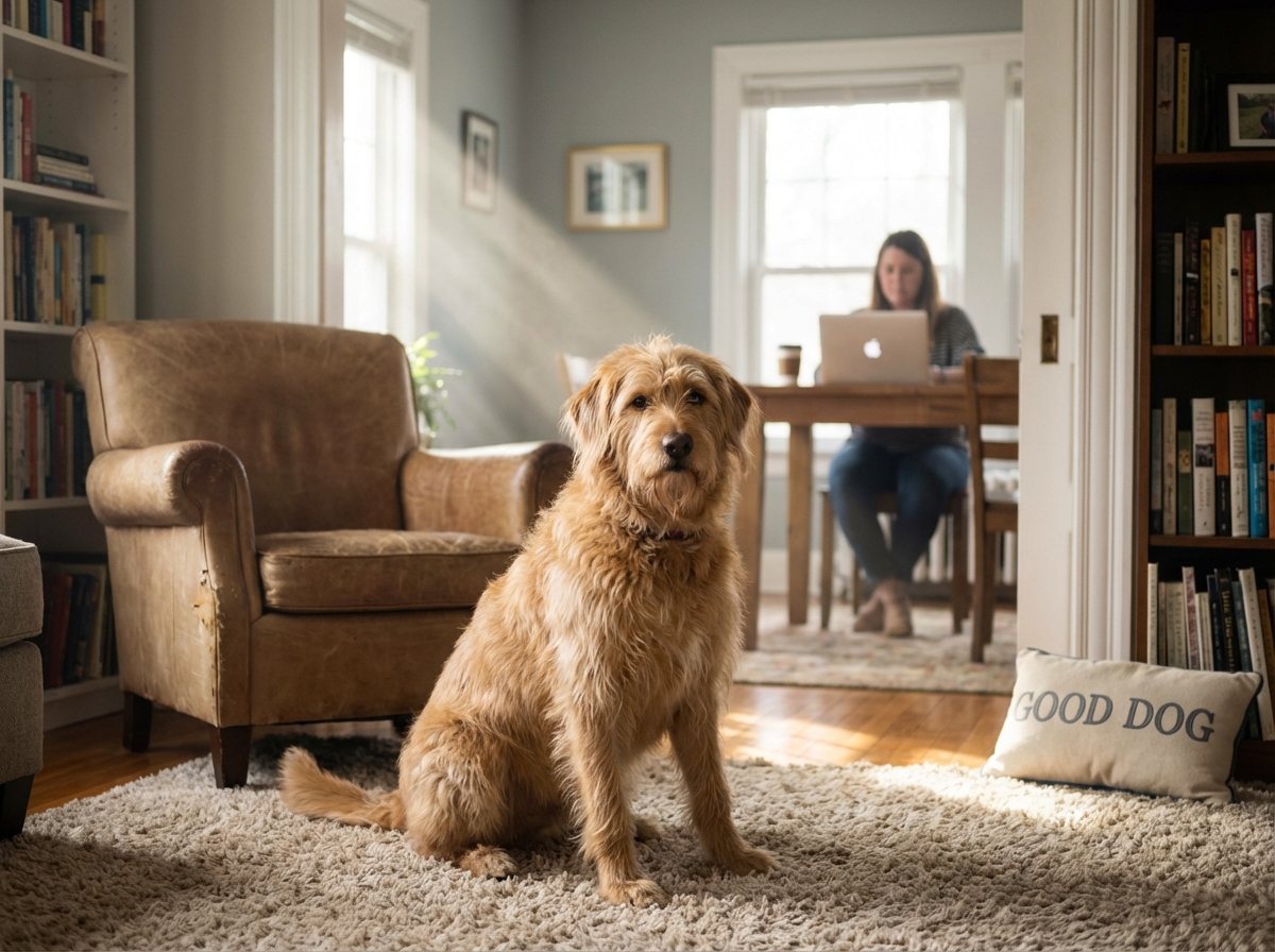 Ein entspannter Hund im Homeoffice als Ergebnis von erfolgreichem Pandemie Hund Verhaltenstraining.