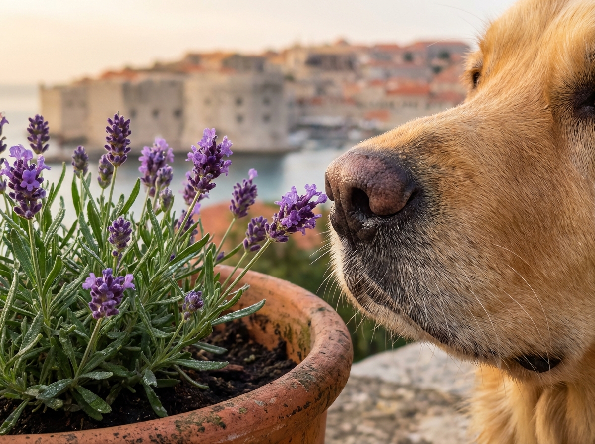 Nahaufnahme einer Hundenase, die an einer ungiftigen Lavendelpflanze auf dem Balkon schnüffelt.