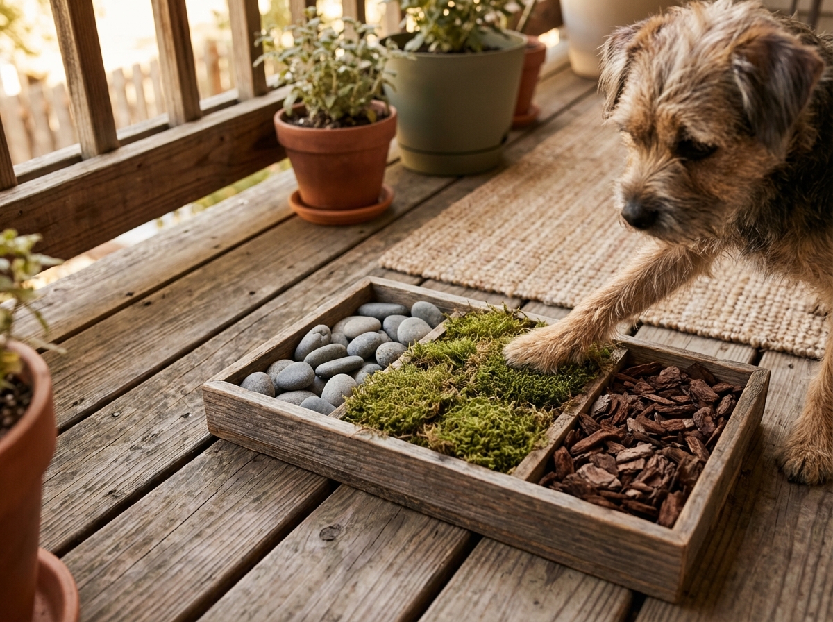 DIY Schnüffelstation für Hunde mit verschiedenen Naturmaterialien wie Moos und Steinen auf einem Balkon.