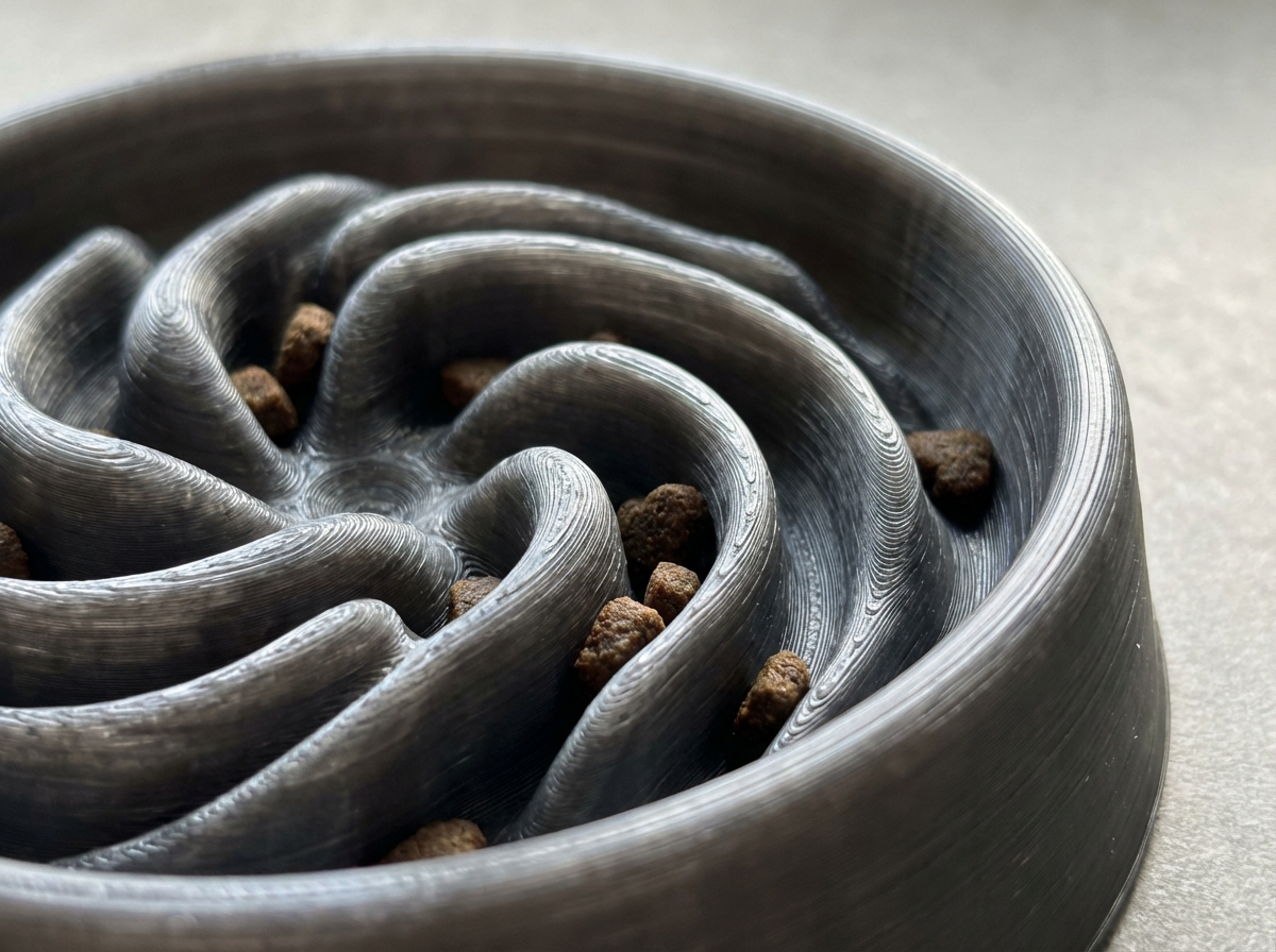 Nahaufnahme eines 3D-gedruckten Anti-Schling-Napfes mit wellenförmigem Innendesign und Hundefutter