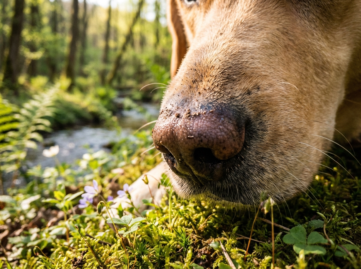 Nahaufnahme einer Hundenase beim Schnüffeln zur Senkung des Erregungsniveaus.