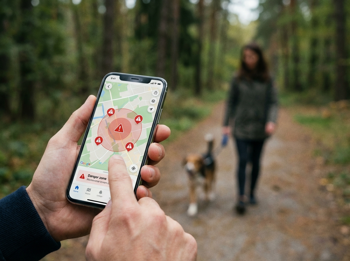 Smartphone mit einer Giftköder App und Gefahrenkarte vor einem Hund im Wald.
