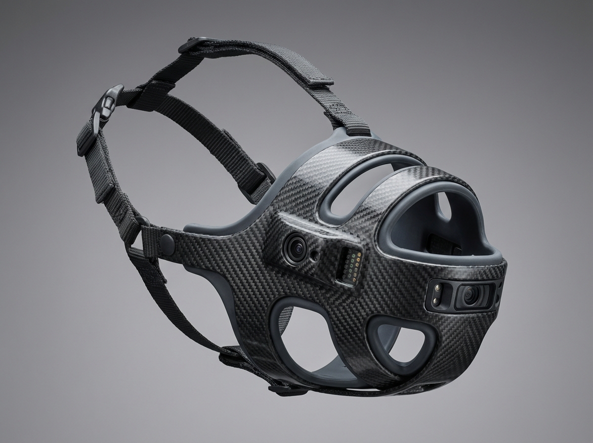 Nahaufnahme eines intelligenten Maulkorbs mit KI-Sensoren für den Giftköder-Schutz.