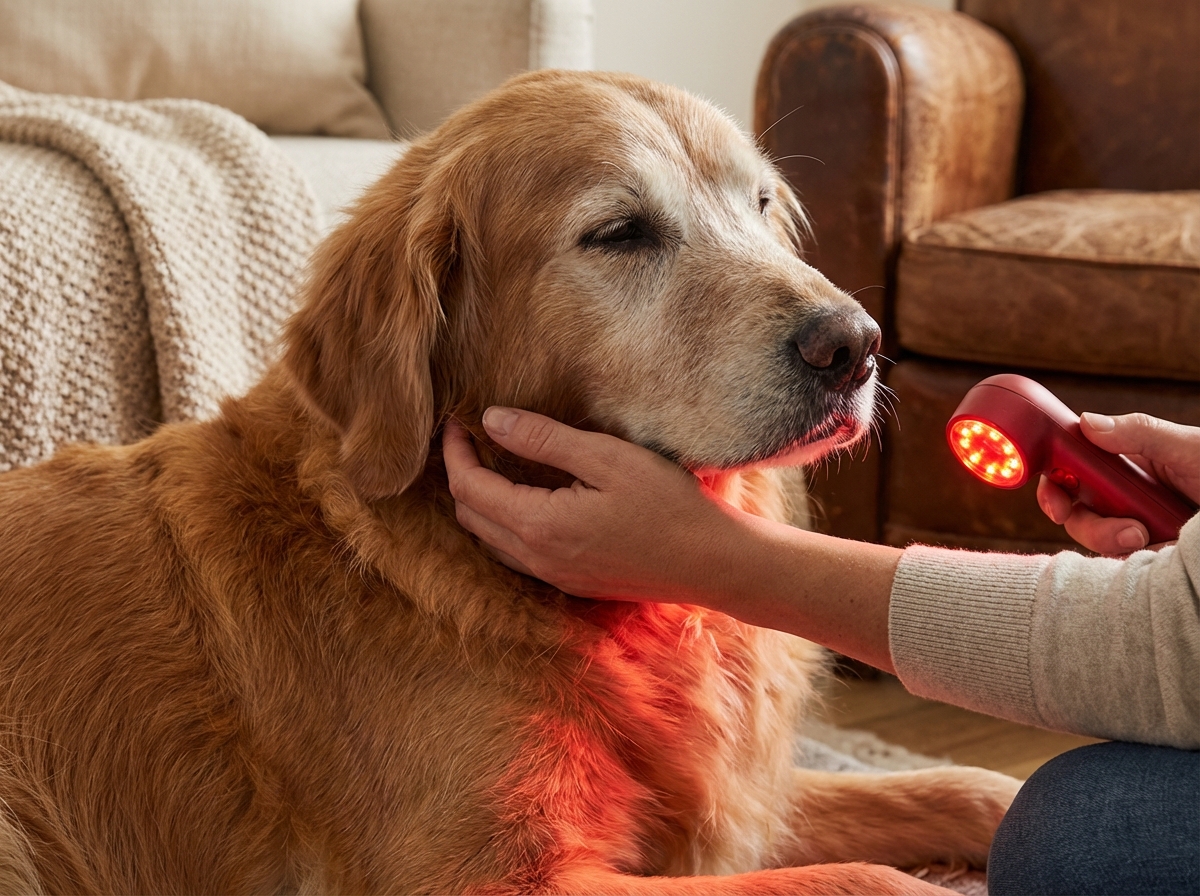 Nahaufnahme der Rotlichttherapie Anwendung am Gelenk eines Hundes zur Schmerzlinderung.