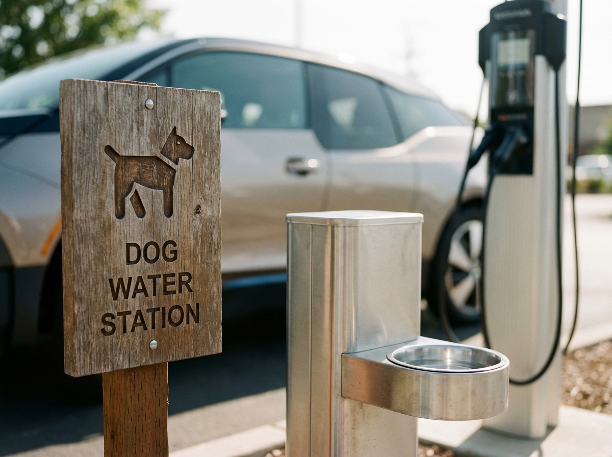 Hundefreundliche Trinkstation an einem Schnellladepark für E-Autos