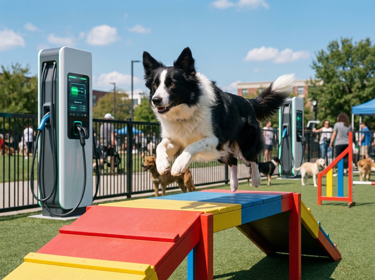 Hund nutzt Agility-Parcours in einer Auslaufzone am Autobahn-Ladepark