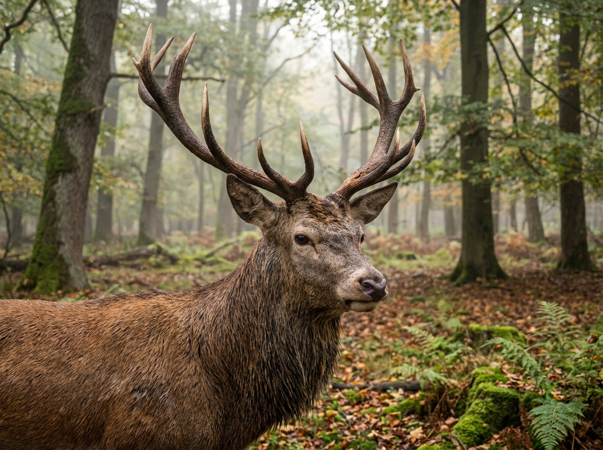 Ein Reh in einem deutschen Wald bei Nebel, repräsentiert regionales Wildfleisch für Hunde.