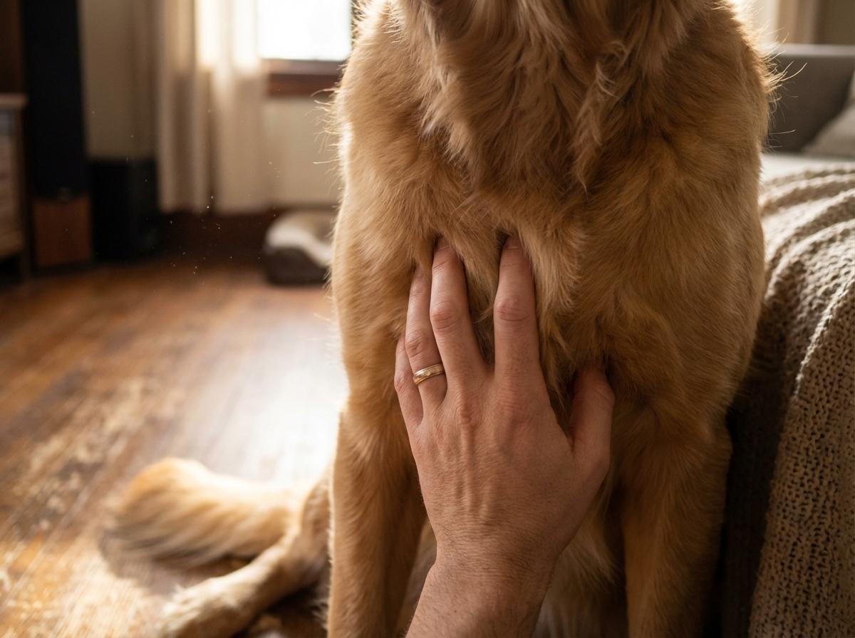 Detailaufnahme von isometrischem Training beim Hund durch sanften Druck der Hände.
