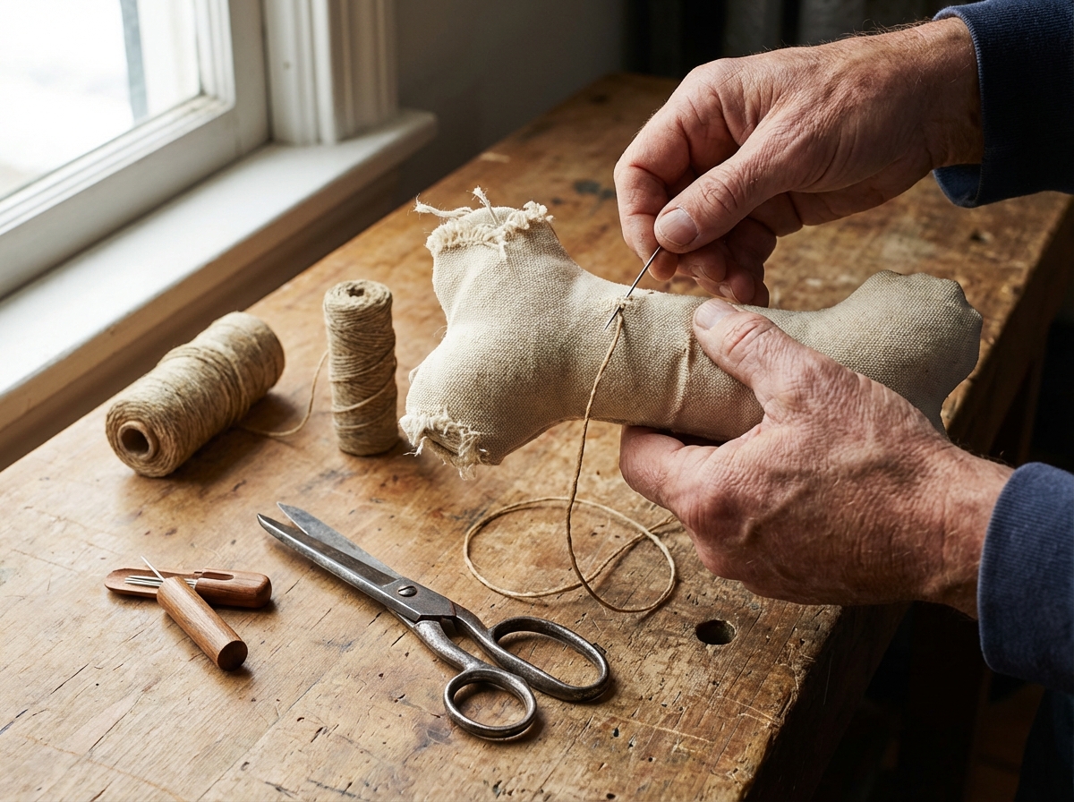 Person repariert Hundespielzeug zur Förderung der Nachhaltigkeit