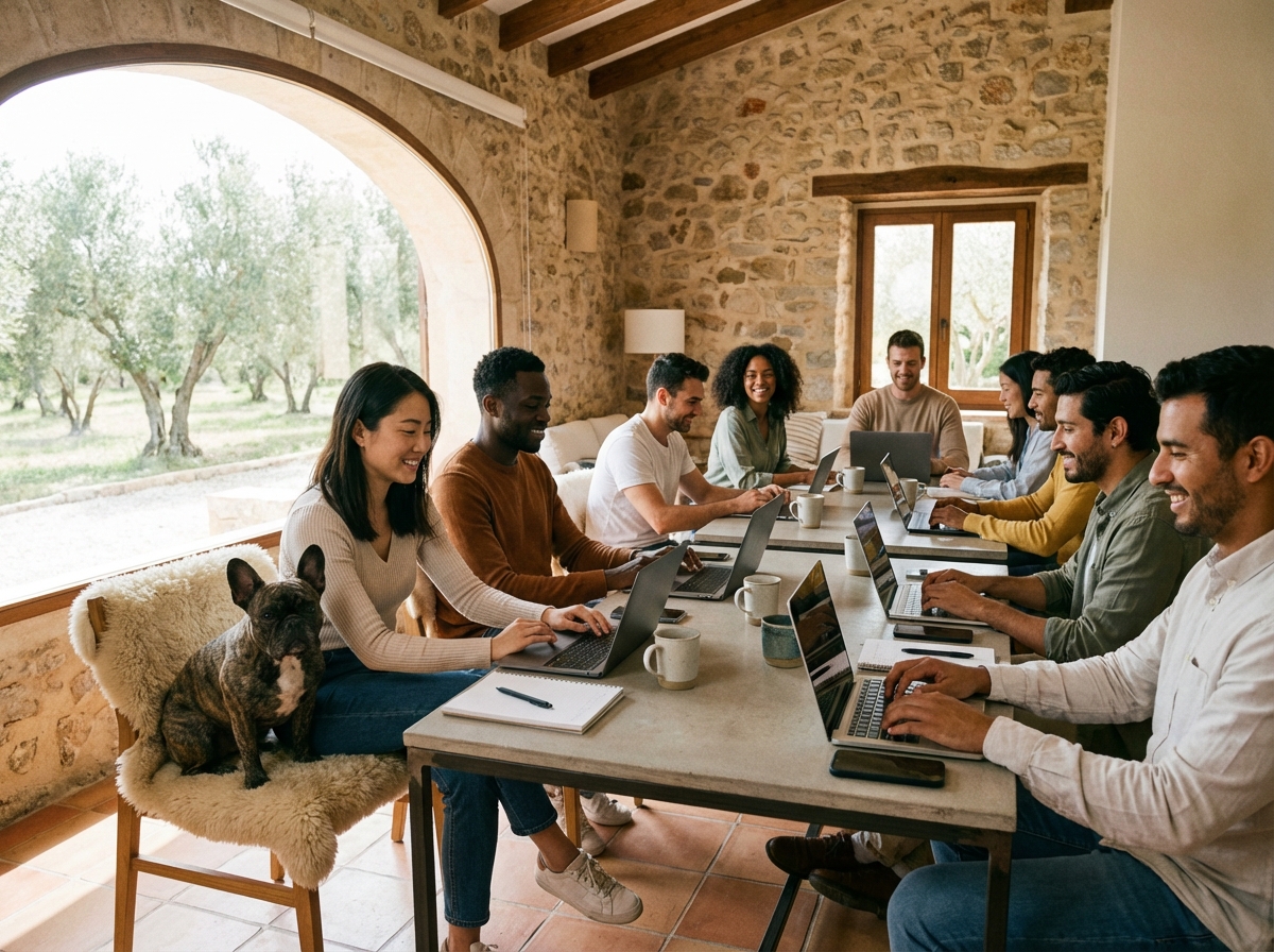 Digitale Nomaden arbeiten gemeinsam in einem hundefreundlichen Co-Living-Space in Spanien