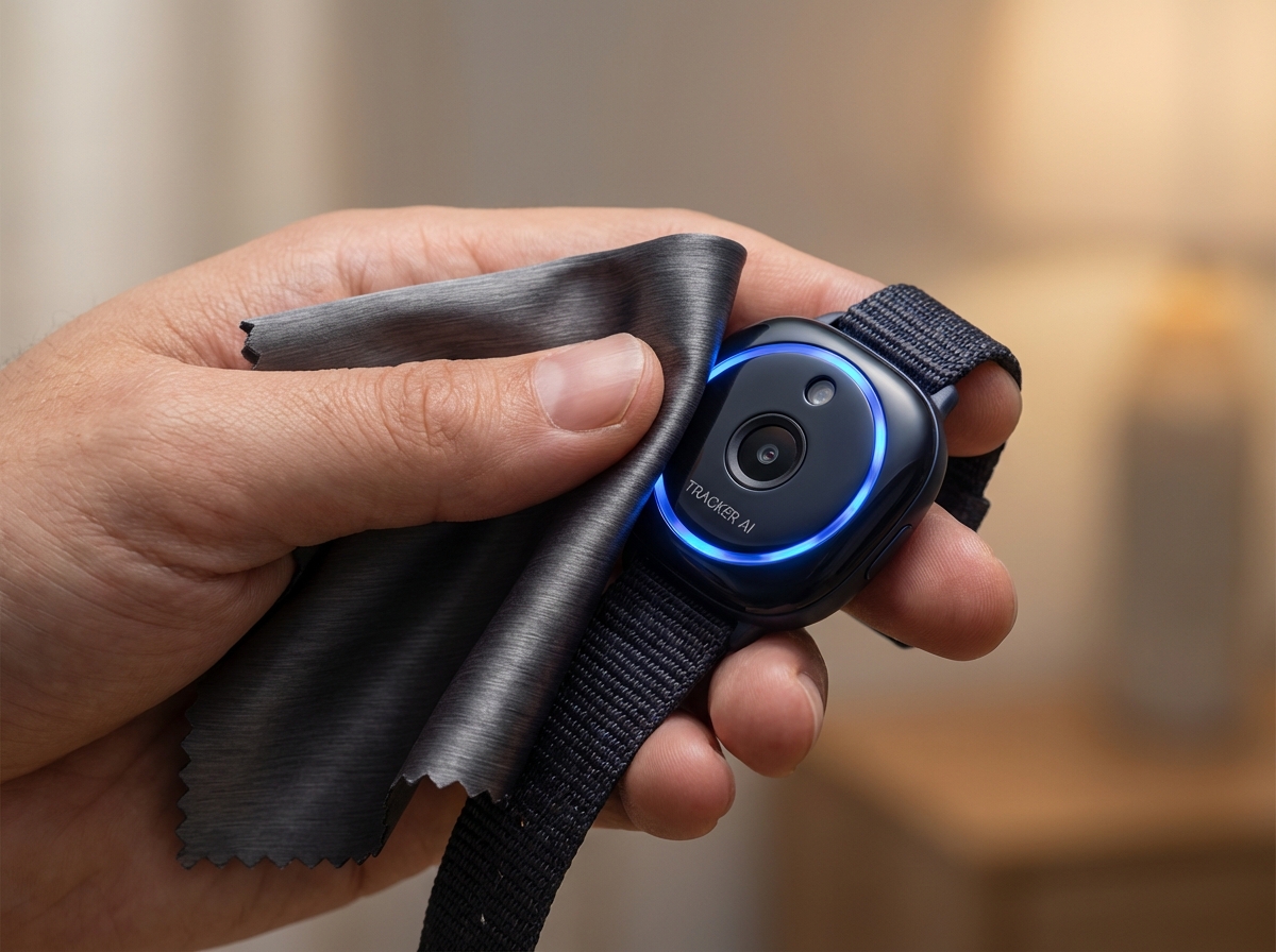 Nahaufnahme der Reinigung eines KI-Trackers für Hunde mit einem Mikrofasertuch