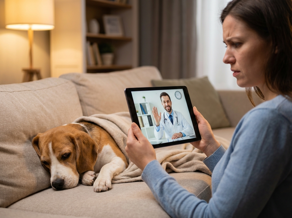Telemedizinische Beratung für einen Hund via Tablet-Videoanruf