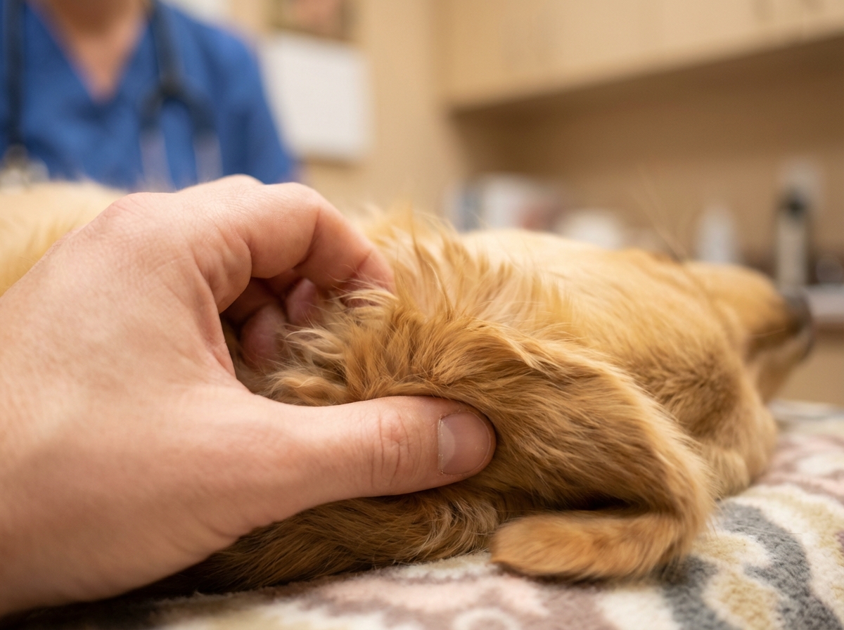 Manuelle Vagusnerv-Stimulation beim Hund durch eine sanfte Ohrmassage zur Stressreduktion.