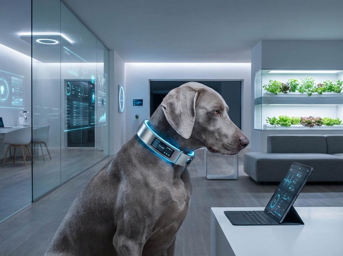 Biohacking für Hunde 2026: Ein Hund mit einem modernen Tracker zur Überwachung des Parasympathikus.