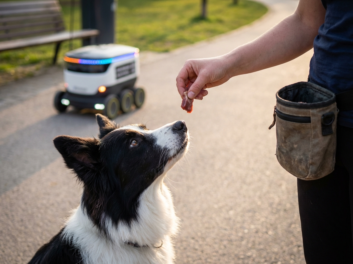 Hundetraining Smart City: Belohnung für ruhiges Verhalten neben einem Lieferroboter