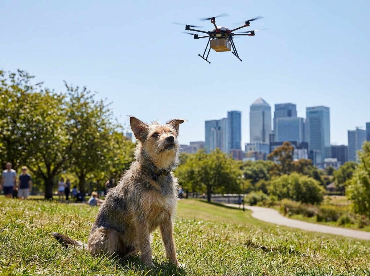 Ein Hund beobachtet gelassen eine Lieferdrohne am Himmel während der Desensibilisierung