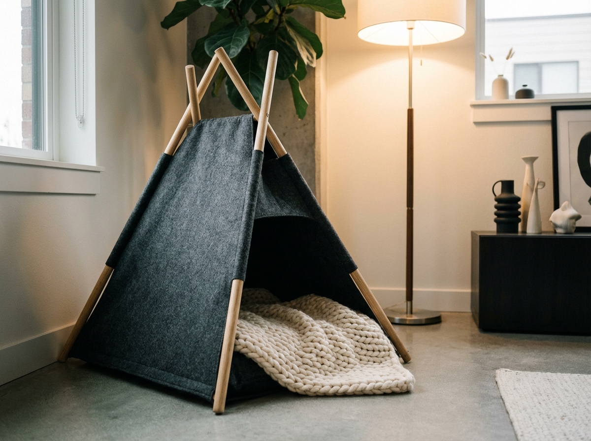 Ein gemütliches Hundezelt als reizarmer Rückzugsort in einer Wohnung.