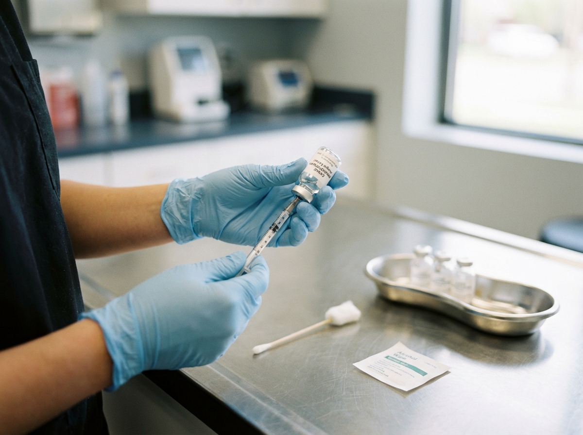 Tierarzt bereitet eine Desensibilisierung für einen Hund mit Pollenallergie vor