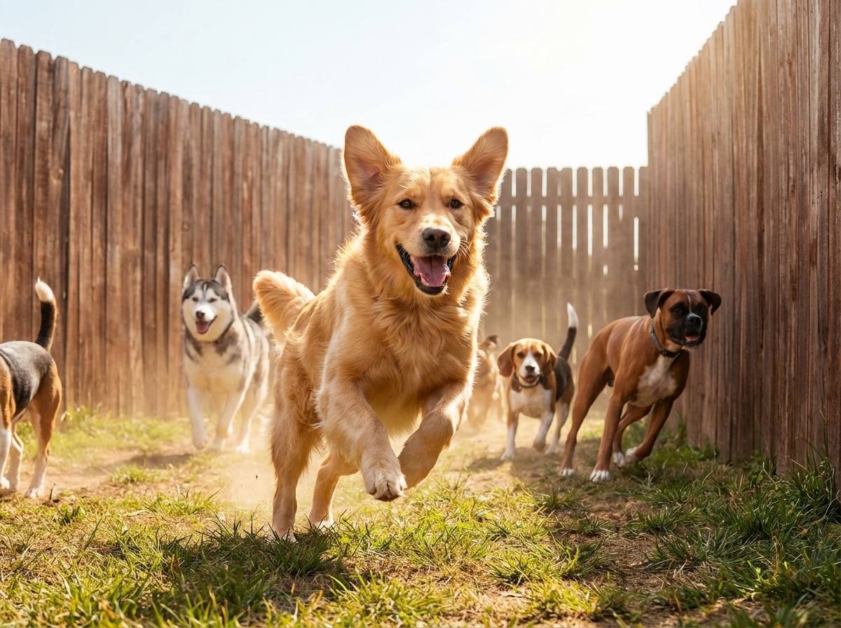 Hund spielt sicher auf einer eingezäunten Hundewiese als Alternative zur Leinenpflicht