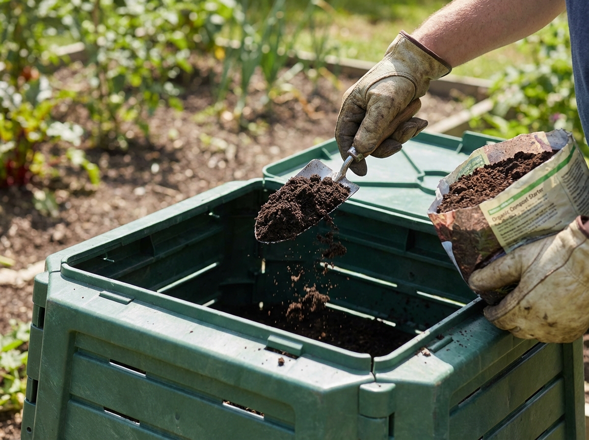 Nahaufnahme einer Person, die Kompostbeschleuniger in einen speziellen Gartenkomposter gibt